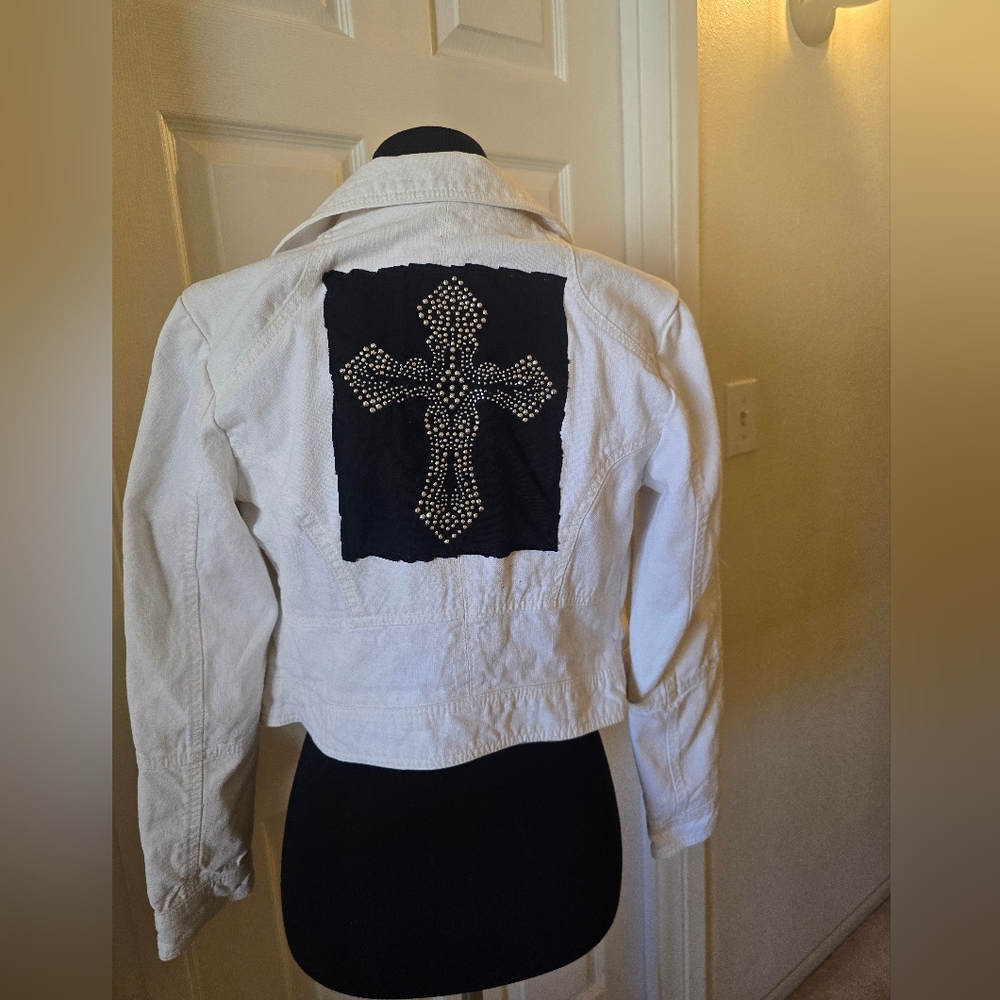 H&M White Denim Studded Collar Moto Jacket.